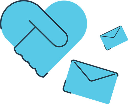 Ilustração com um coração em forma de aperto de mãos e dois envelopes, simbolizando empatia, proteção e diálogo dentro da iniciativa Down To Zero.