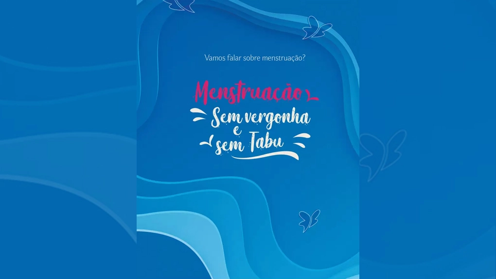 Capa do livreto Menstruação Sem Vergonha e Sem Tabu com fundo azul, texto em destaque e ilustrações de borboletas.