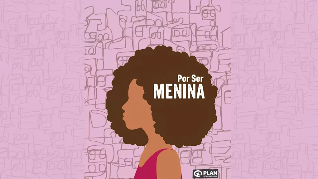 Menina com cabelo afro em perfil sobre fundo rosa com desenhos abstratos, representando o orgulho e a força das meninas no Brasil.