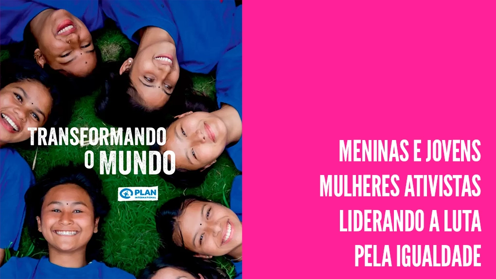 meninas e jovens ativistas sorrindo deitadas em círculo na grama, representando união e liderança feminina na luta pela igualdade